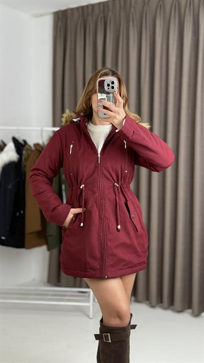 Kadın  Bordo Yarım Boy Gabardin Kumaş İçi Yün Mont