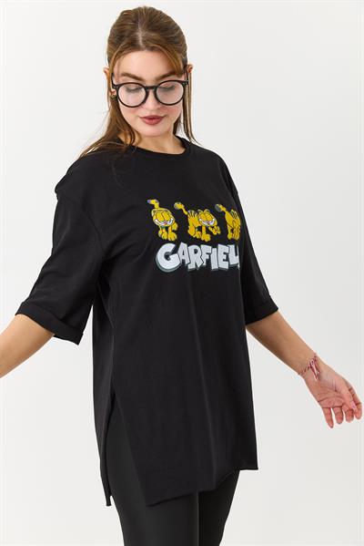 Kadın Garfield Baskılı Yanları Yırtmaçlı Bisiklet Yaka Tshirt Siyah