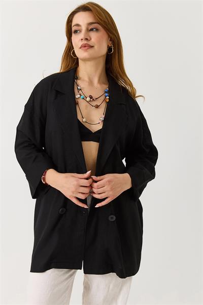 Kadın Kruvaze Yaka Oversize Blazer Ceket Siyah