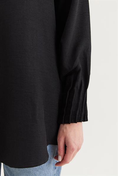 Keten Kumaş Kol Nervül Detaylı Gömlek Tunik Siyah