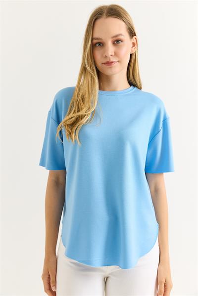 Oysh Yumuşak Dokulu Eteği Oval Modal Tshirt Açık Mavi