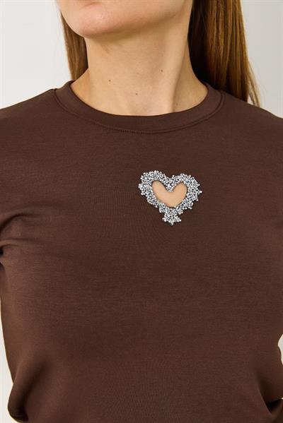 Kadın Taşlı Kalp Detaylı Crop  Bluz  Kahverengi
