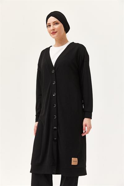Düğmeli Triko Uzun Hırka Siyah