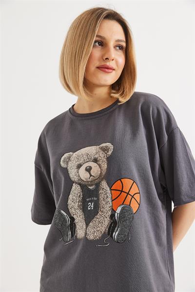 Ayıcık Baskılı Bisiklet Yaka Tshirt Füme