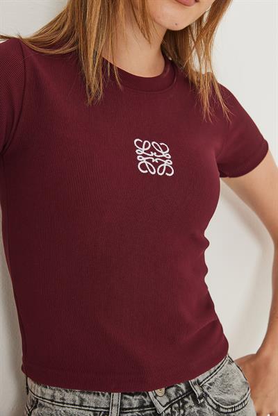 Nakışlı Kaşkorse  Crop Bluz Bordo