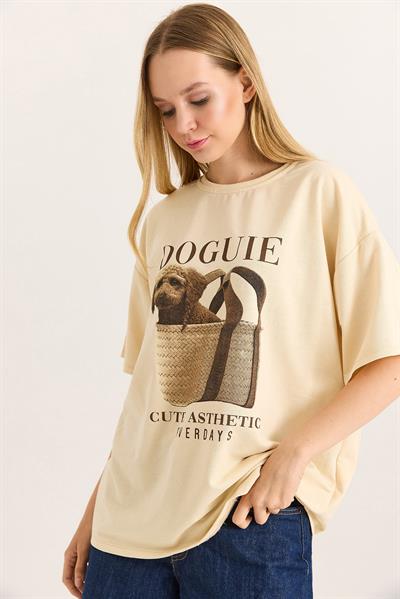 Baskılı Bisiklet Yaka Basic Tshirt Bej