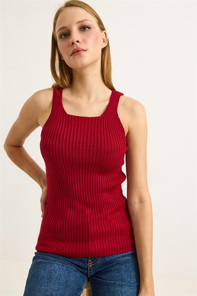 Kare Yaka Kalın Askılı Triko Atlet Bluz Bordo