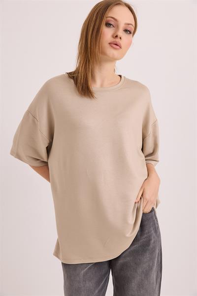 Oversize Yumuşak Dokulu Salaş T-Shirt Vizon