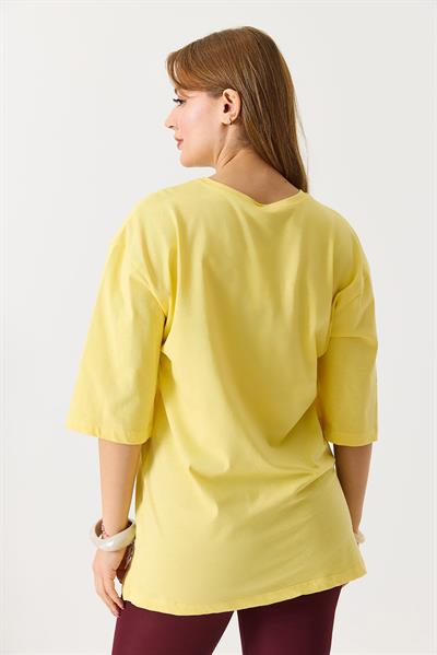 Kadın Yazı Baskılı Bisiklet Yaka Tshirt Sarı