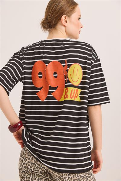 Karikatür Up Baskılı Çizgili Salaş Tshirt Siyah