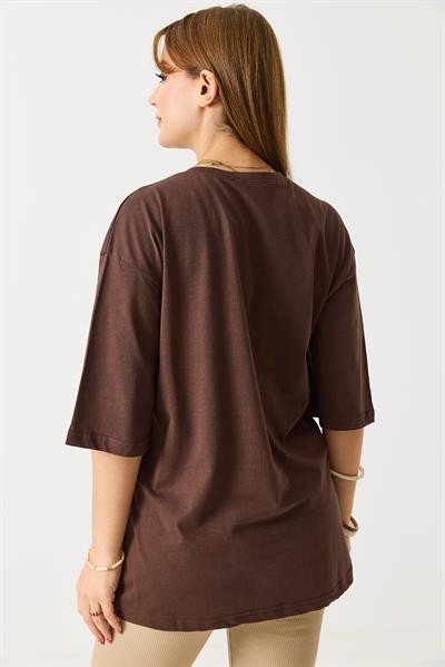 Kadın Bol Kesim Bisiklet Yaka Kısa Kol Tshirt Kahverengi