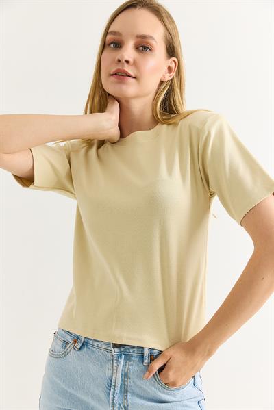 Vatkalı Bisiklet Yaka Basic Tshirt Vizon
