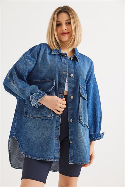 Çift Cepli  Oversize Kot Ceket Mavi