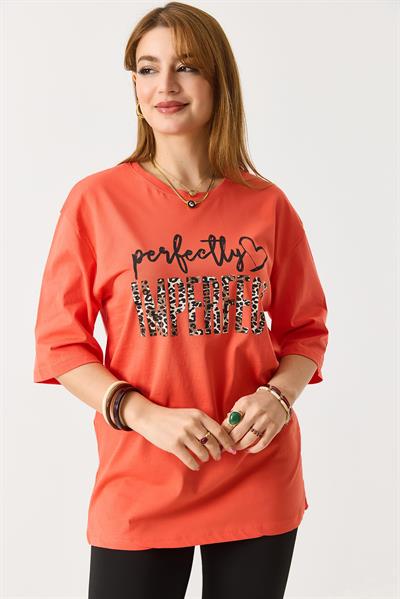 Kadın Bol Kesim Bisiklet Yaka Kısa Kol Tshirt Turuncu