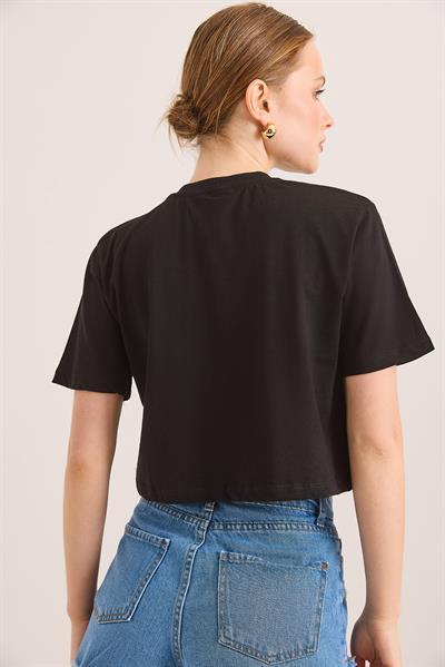 Nakışlı Örme Pamuk Crop Tshirt Siyah