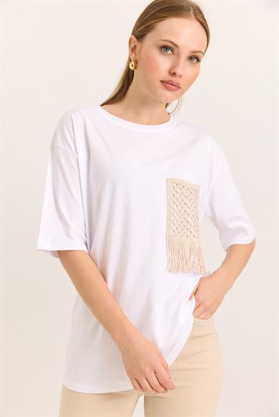 Hasır Cepli Yumuşak Dokulu Fit Tshirt Beyaz