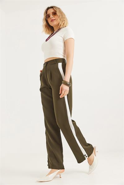 Yanları Şeritli Bol Paça Pantolon Haki