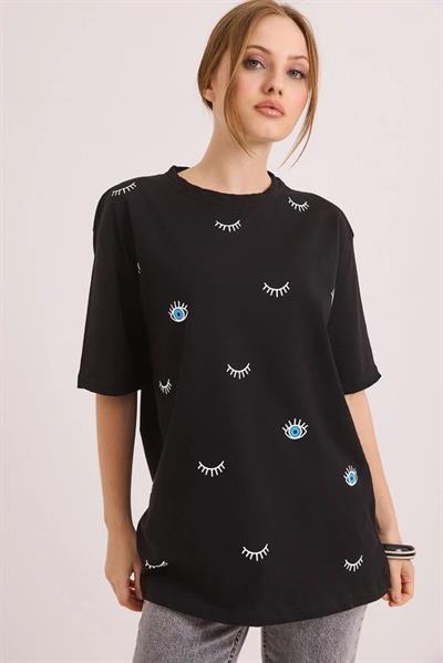 Kadın Bisiklet Yaka Göz Baskılı Oversize Tshirt Siyah