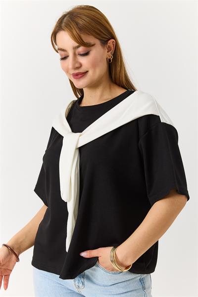 Kadın Omuz Bağlama Detaylı Kısa Kollu Tshirt 