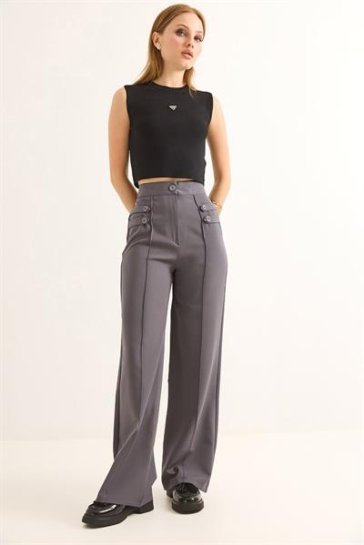 Düğme Detaylı Yüksel Bel Bol Paça Pantolon Füme