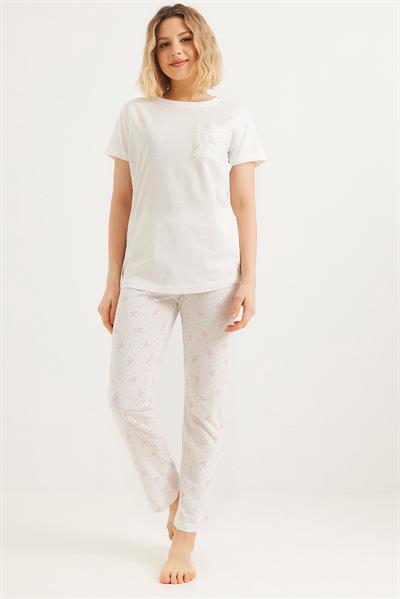Baskılı Kısa Kol Pijama Takım Beyaz