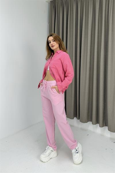 Kanvas Cepli Bağcıklı Beli Lastikli Uzun Pantolon Pembe