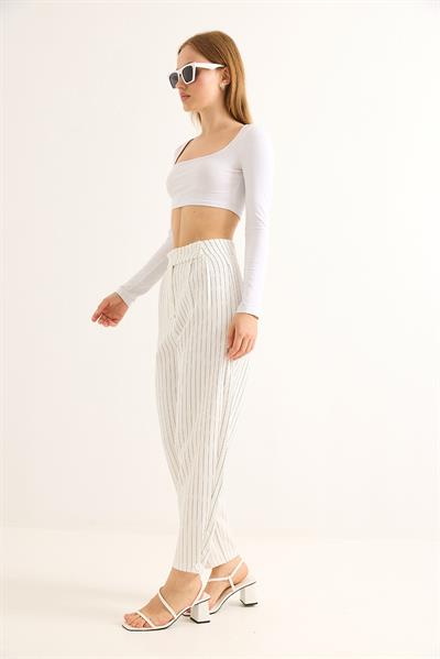 Kemeri Çift Düğmeli Çizgili Palazzo Pantolon Beyaz