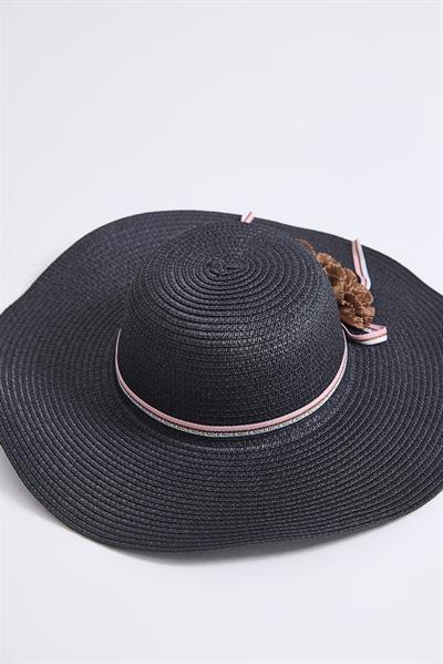 Aksesuarlı Hasır Kadın Plaj Havuz Bahçe Şapkası Siyah