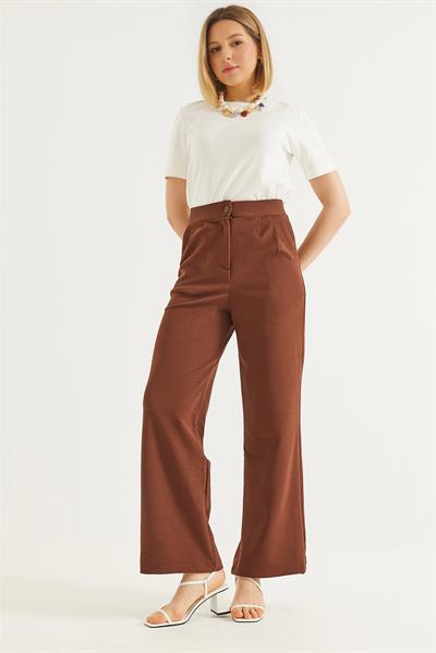 Yüksek Bel Cepli Palazzo Pantolon Kahverengi
