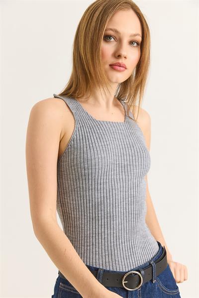 Kare Yaka Kalın Askılı Triko Atlet Bluz Gri