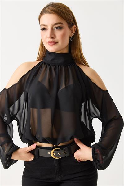 Halter Yaka Full Transparan Omuz Dekolteli  Bluz Siyah