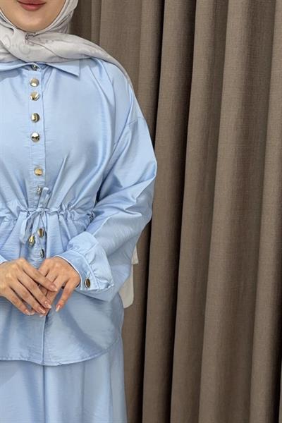 Kadın Beli Büzgü Detaylı Düğmeli Etekli Takım Mavi