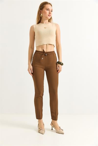 Beli Lastikli Çizgi Desenli Krep Pantolon Kahve