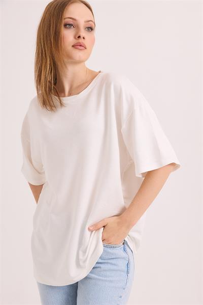 Oversize Yumuşak Dokulu Salaş T-Shirt Ekru