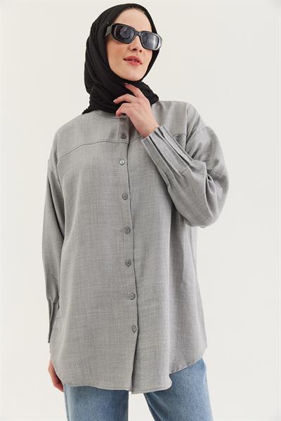 Keten Kumaş Kol Nervül Detaylı Gömlek Tunik Gri