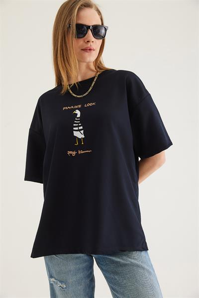 Bisiklet Yaka Oversize Baskılı Tshirt Lacivert