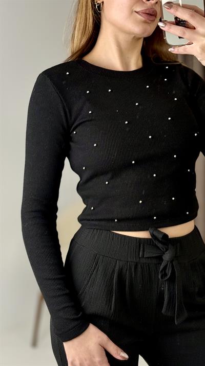 Kadın Uzun Kollu Kaşkorse Taşlı Uzun Bluz Siyah