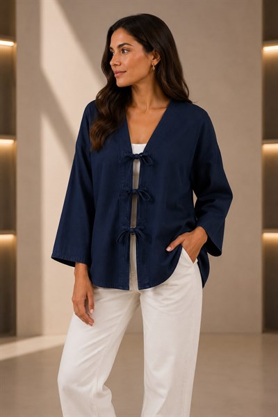 Kadın Oversize Önden Bağlamalı Kot Kimono Lacivert