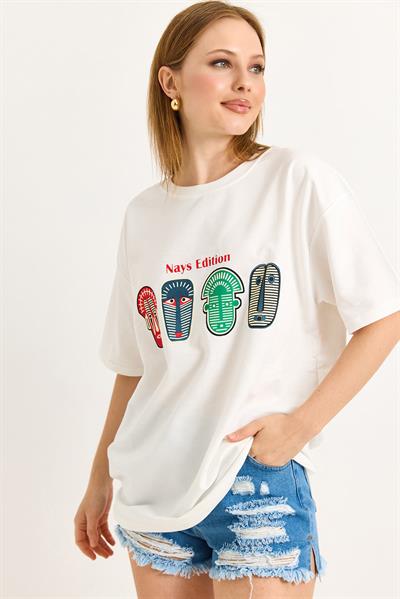 Baskılı Oversize Tshirt Beyaz