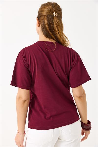 Fiyonk Detaylı Fit Pamuk Tshirt Bordo