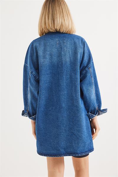 Çift Cepli  Oversize Kot Ceket Mavi