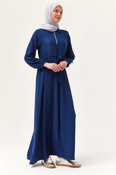 Gömlek Yaka Bel Tünelli Bürümcük Elbise Lacivert