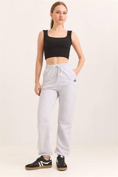 Alo Baskılı Cepli Beli Lastikli İki İp Eşofman Gri