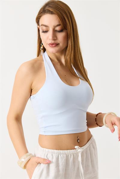 Kadın Boyundan Askılı Crop Bluz Mavi