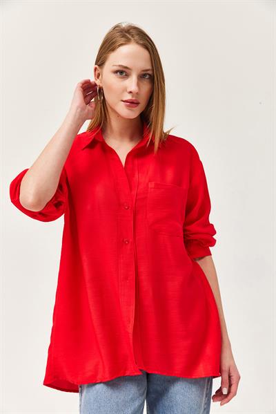 Uzun Kollu Cep Detaylı Basic Gömlek Kırmızı
