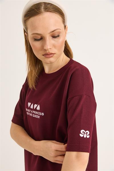 Bisiklet Yaka Baskılı Oversize Tshirt Bordo