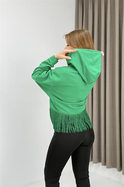 Kadın İp Saçaklı Kapuşonlu Sweatshirt Yeşil