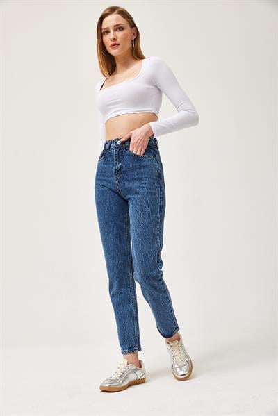 Yüksek Bel Mavi Esnek Kot Pantolon Lacivert