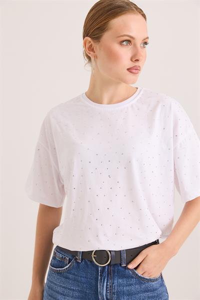 Taş Detaylı Rahat Kalıp Premium Pamuk Tshirt	Beyaz