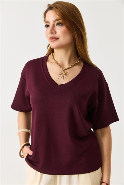 Kadın V Yaka Modal Kısa Kollu Tshirt  Bordo